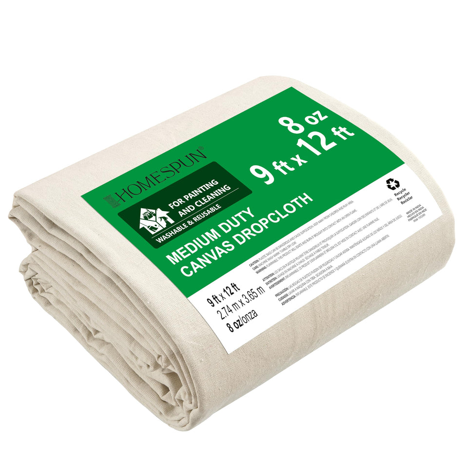 Homespun Canvas Drop Cloth protects floors from paint splatters during DIY projects.
