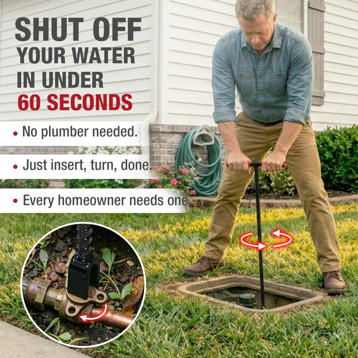 Homestead water shut-off tool enables quick valve shutoff