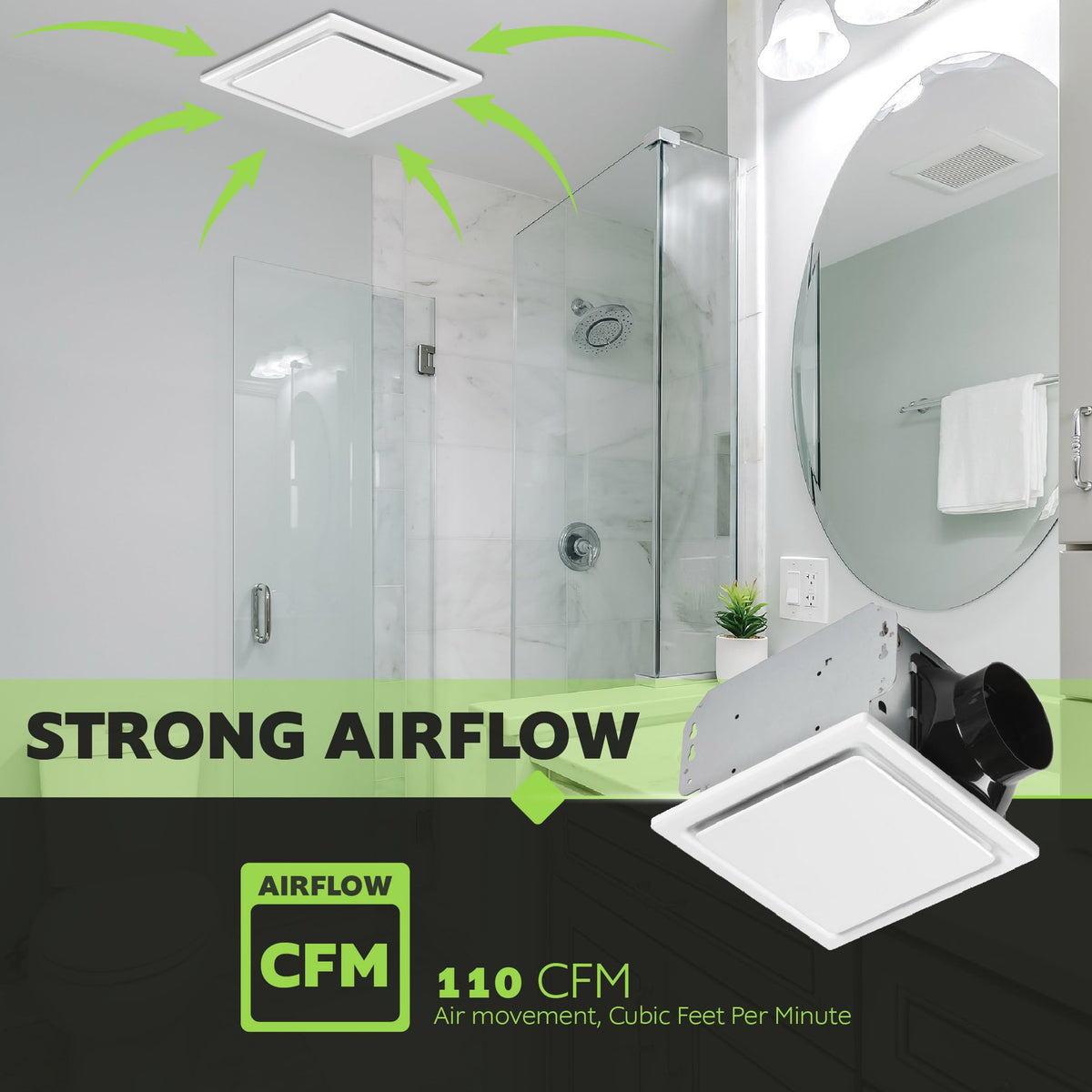 Homewerks 7140-110 bath fan 4-inch duct connection simplifies installation.