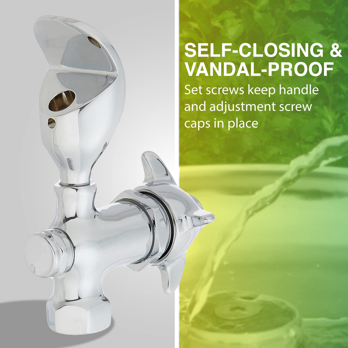 Self-closing knob detail emphasizing drip-free operation of the bubbler
