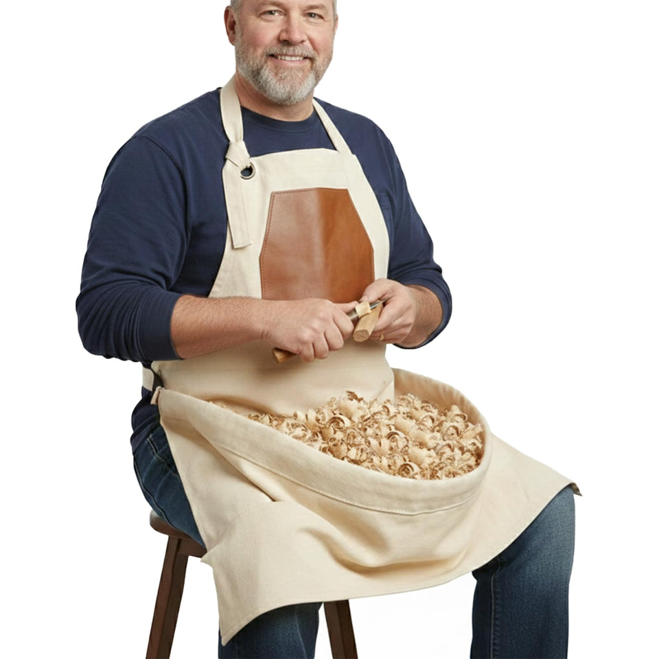 HOMFIXPRO Woodcarving Apron with brown leather chest patches protecting clothing during woodworking