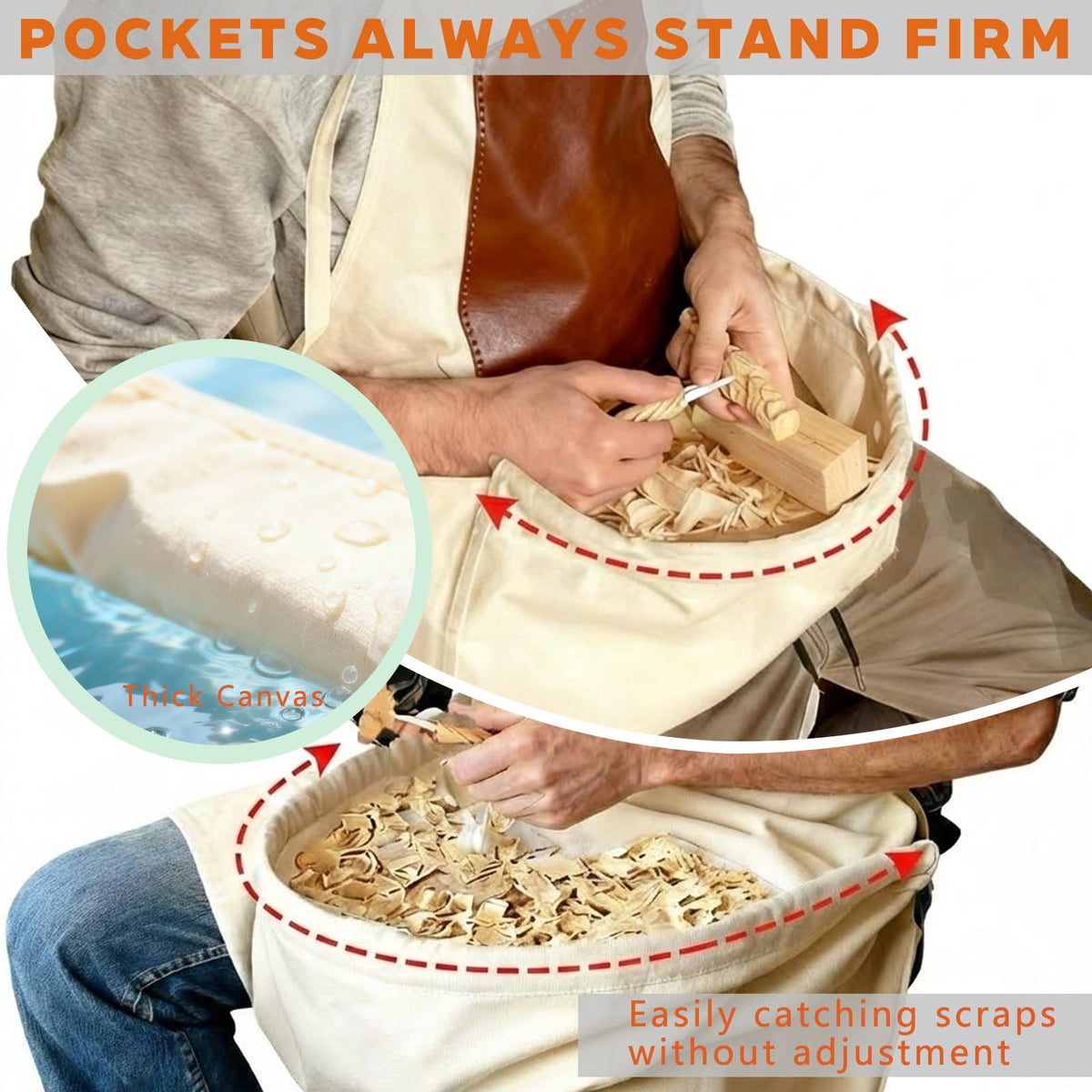 Padded pockets of HOMFIXPRO Woodcarving Apron stay upright for scraps
