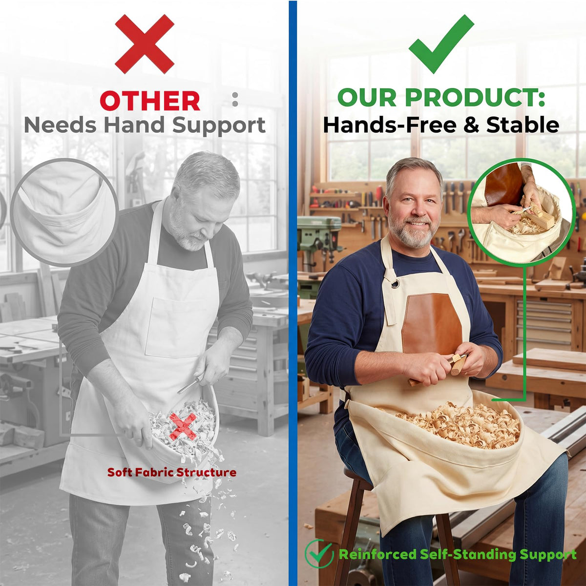 HOMFIXPRO apron near sawdust and debris for easy cleanup during projects