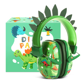 Homicozy dinosaur earmuffs closeup showing a durable ABS shell protecting young ears.