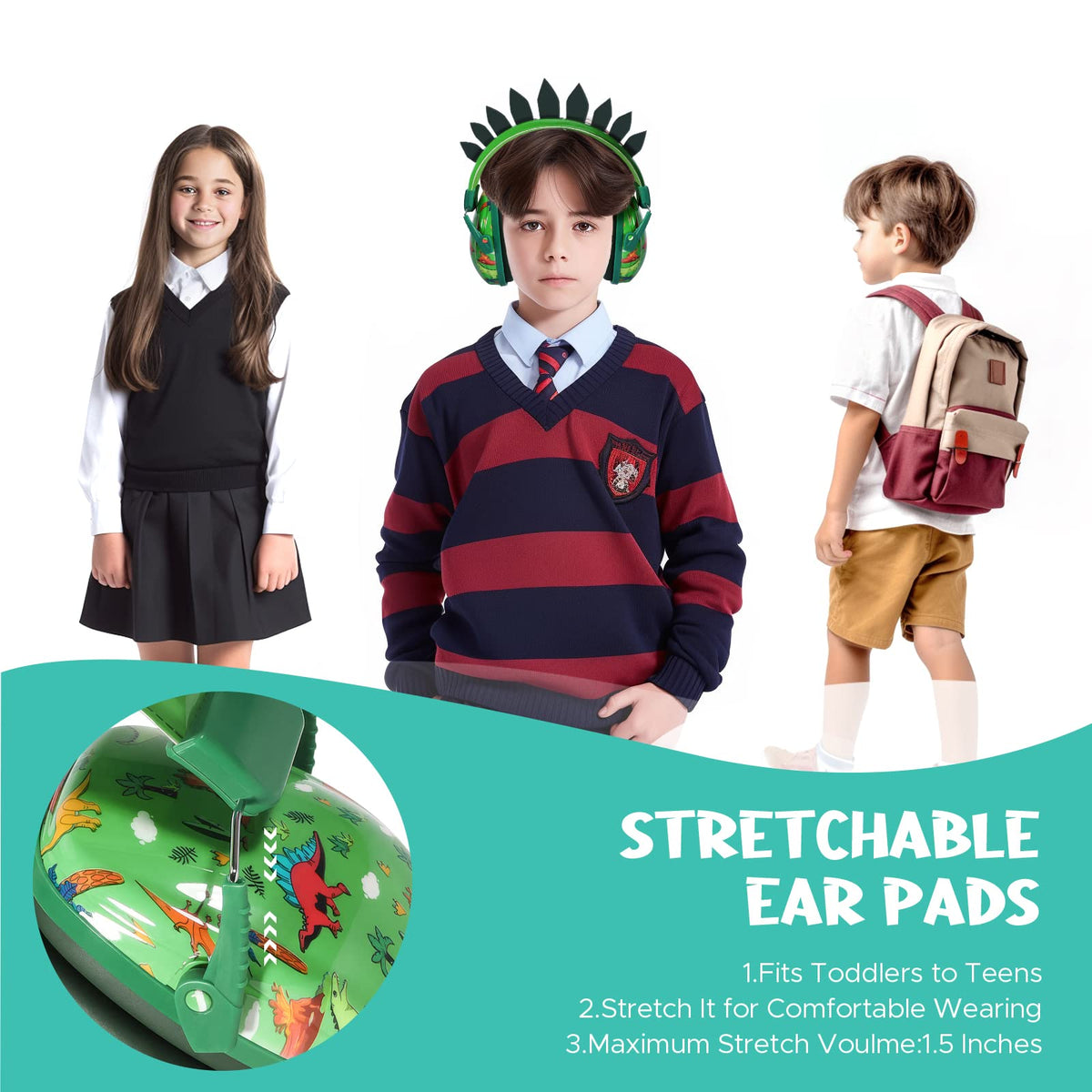 Homicozy dinosaur earmuffs on child emphasize wear-friendly 3D design.