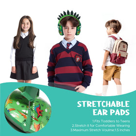 Homicozy dinosaur earmuffs on child emphasize wear-friendly 3D design.
