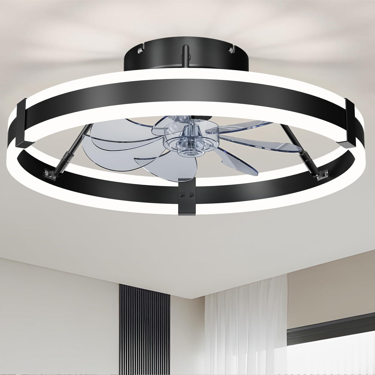 HOMIFORCE low-profile bladeless ceiling fan with integrated light for living spaces.