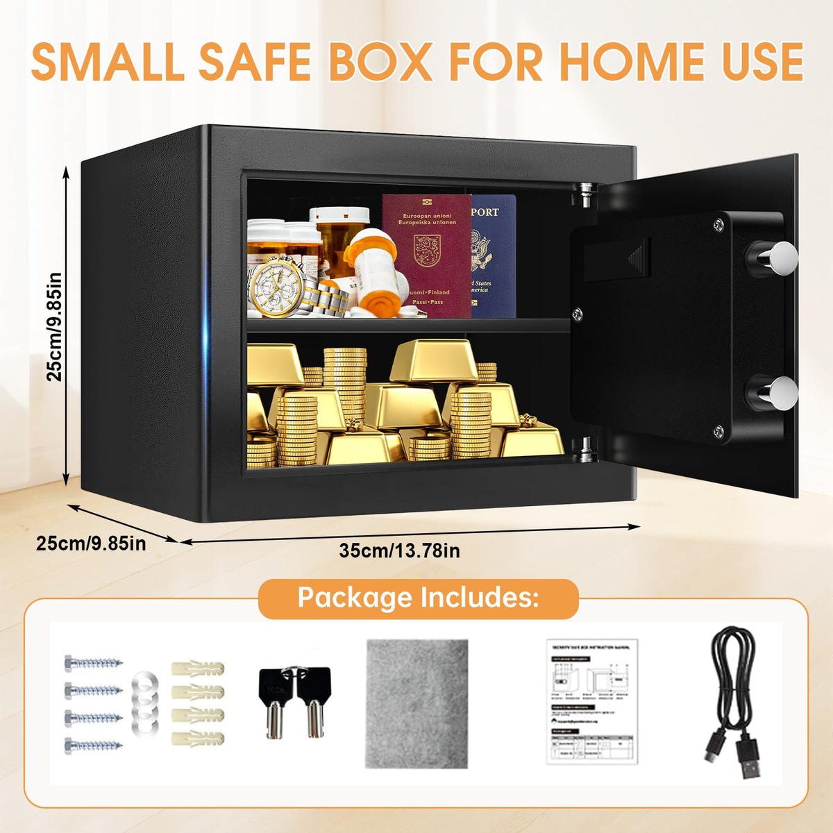 Removable shelf inside the Homirxan safe aids flexible organization.
