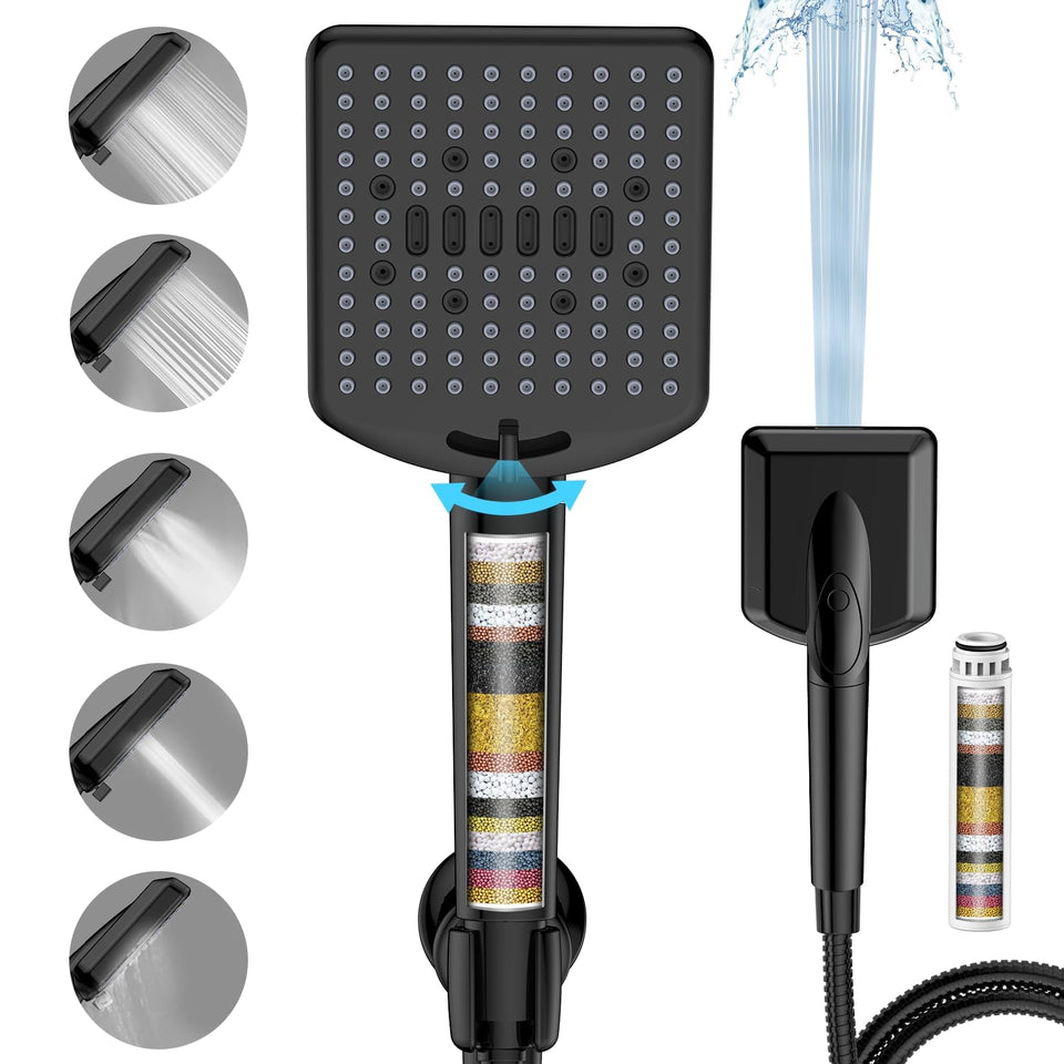 Homlord filtered shower head matte black with wide spray coverage