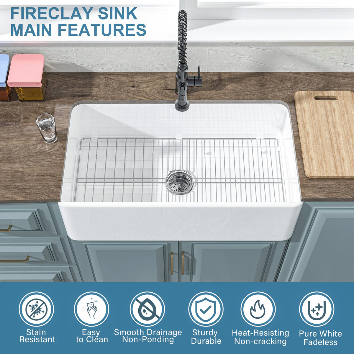 HOMLYLINK 33-inch apron-front sink offers a wide basin for easy dishwashing.