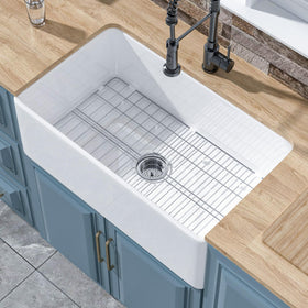 HOMLYLINK white farmhouse sink front view shows apron front design for easy cleaning