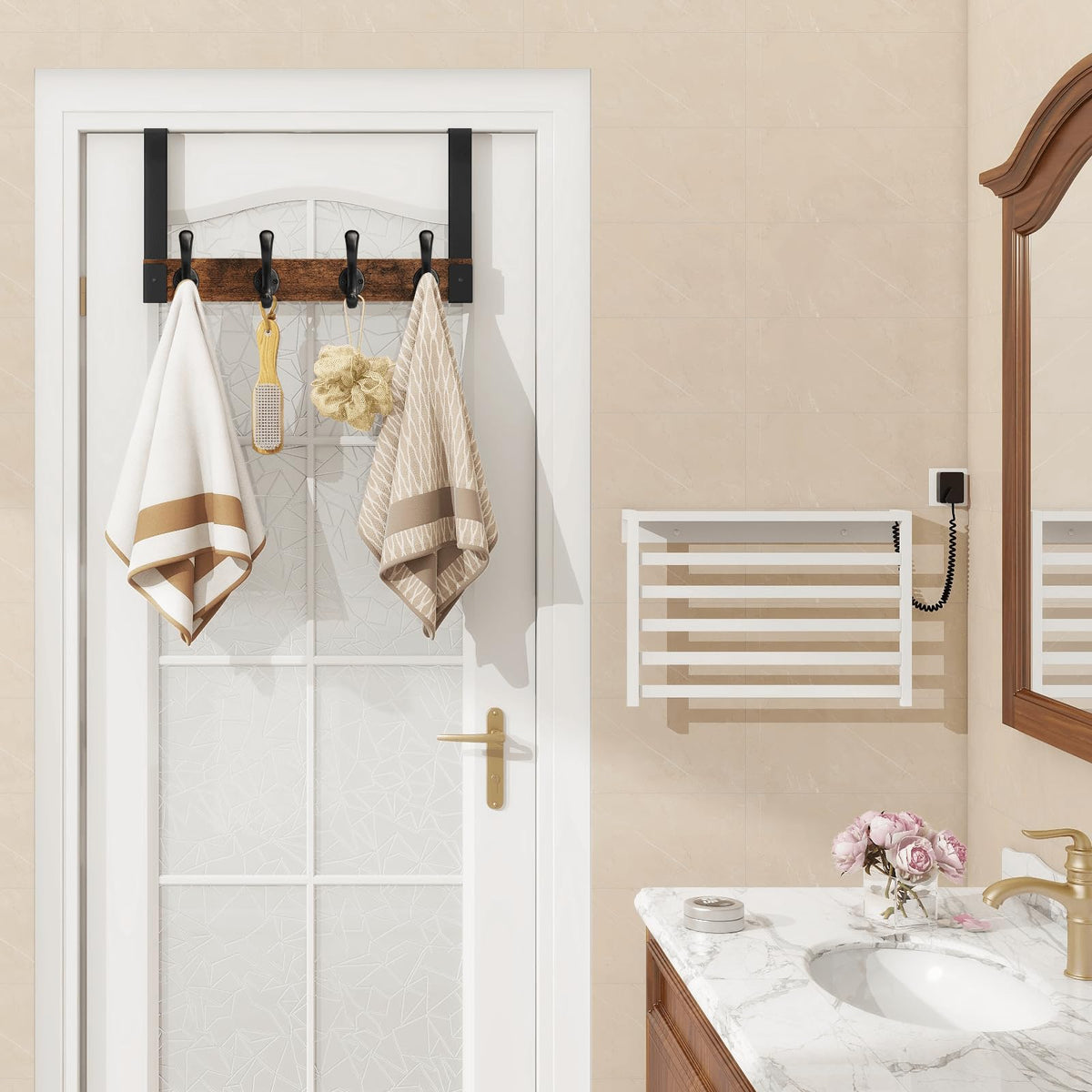 Homode bathroom over-door towel hanger keeping towels tidy.