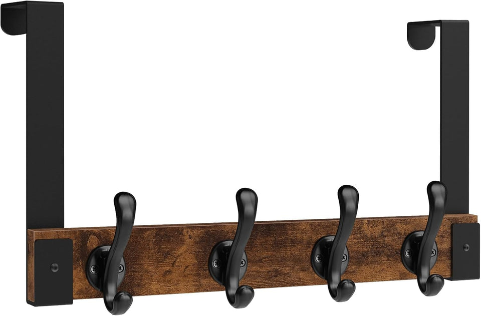 Homode over-the-door hooks in wood and metal for sturdy coats, bags, and towels.