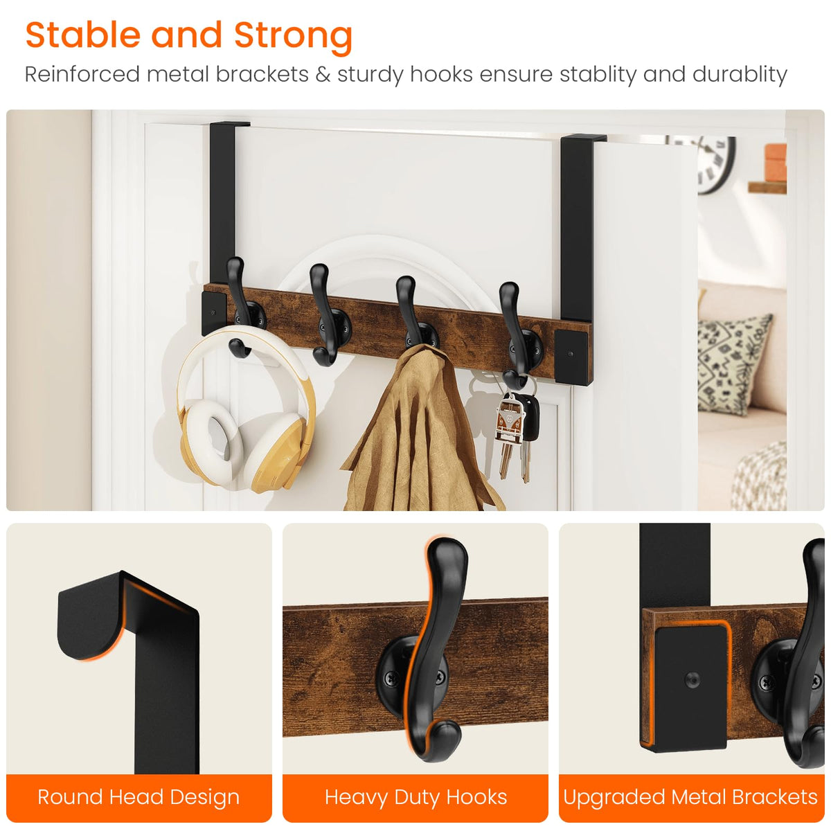 Close-up of Homode rustic black metal hooks on wood background.