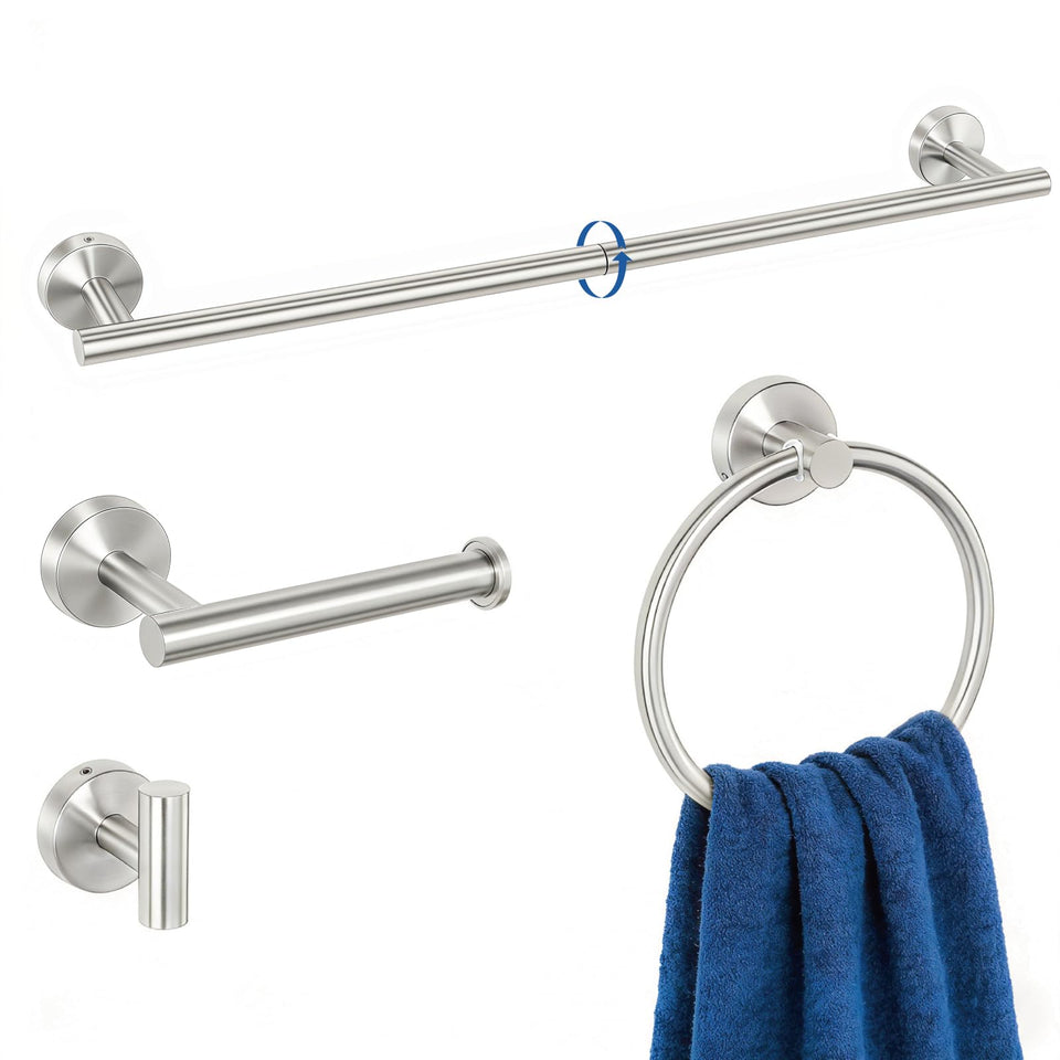Homotek 4-piece bathroom set brushed stainless towel bar anchors towels neatly.