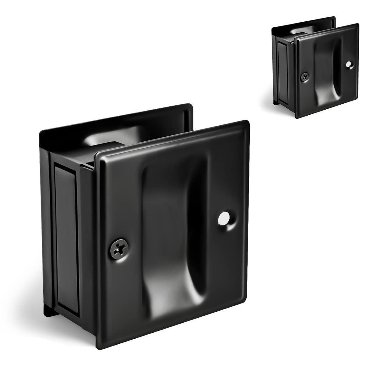 HOMOTEK privacy pocket door pull in black finish with easy grip design.
