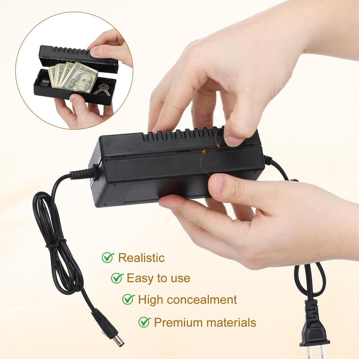 Homoyoyo cash and jewelry storage in a plug form for everyday security.