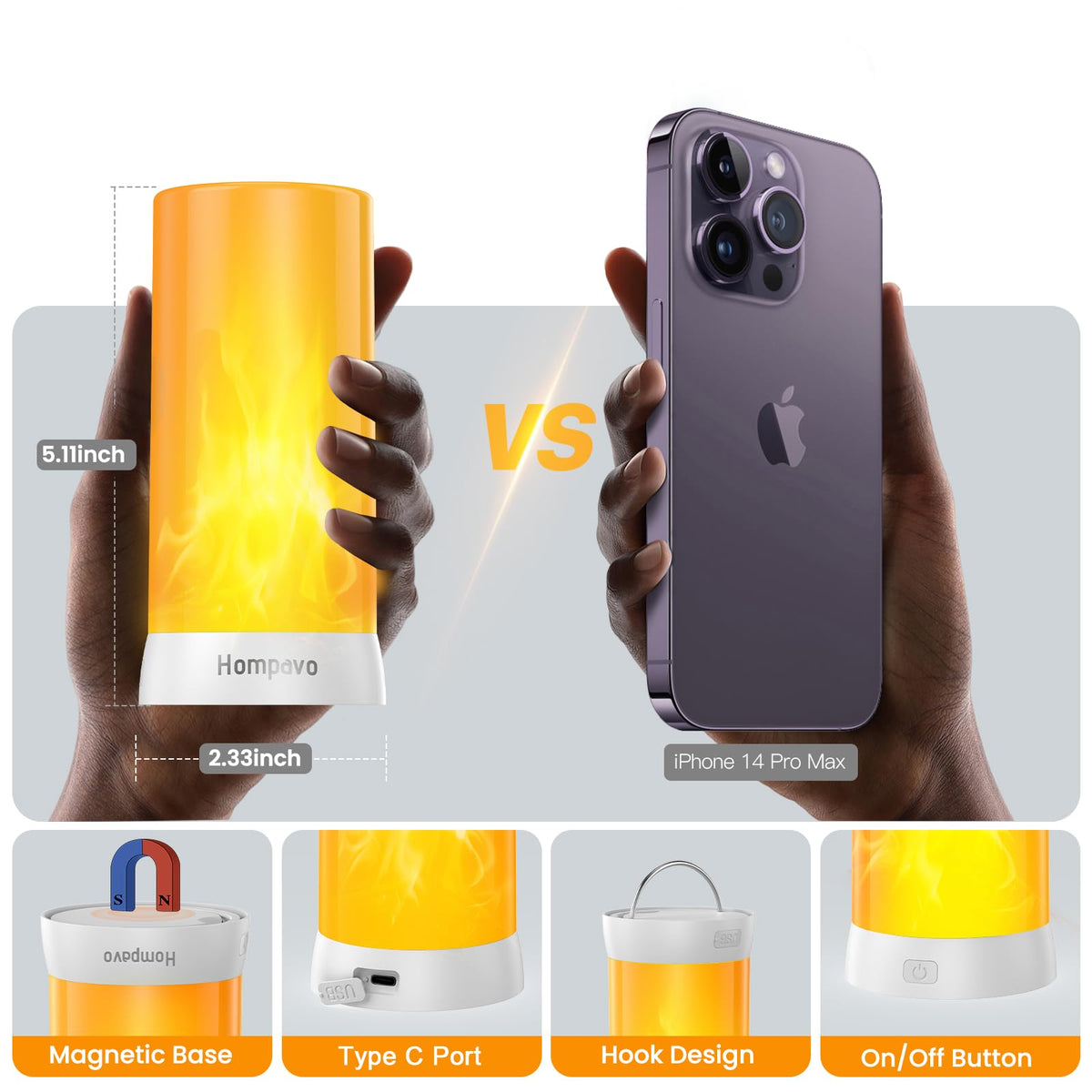 Hompavo four-mode flame lights switch between flicker, breathing, steady, and inverted modes.