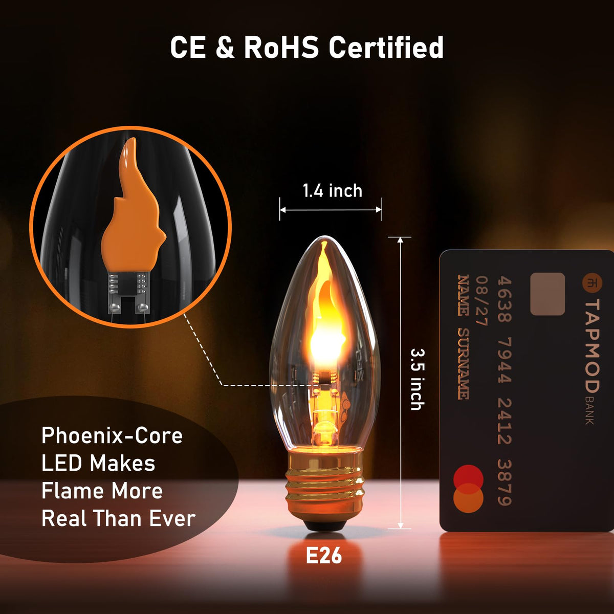 Crystal-clear glass housing shows vivid amber flames from all angles.