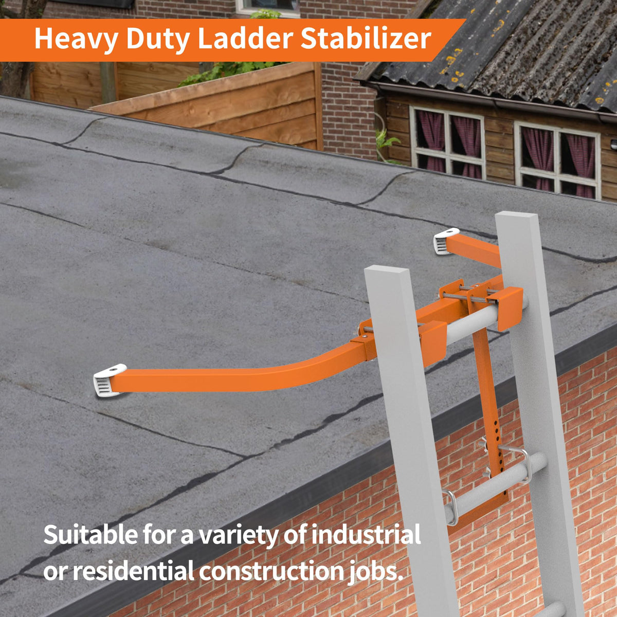 Homydom Ladder Stabilizer demonstrates extended stand-off for safer roof work.