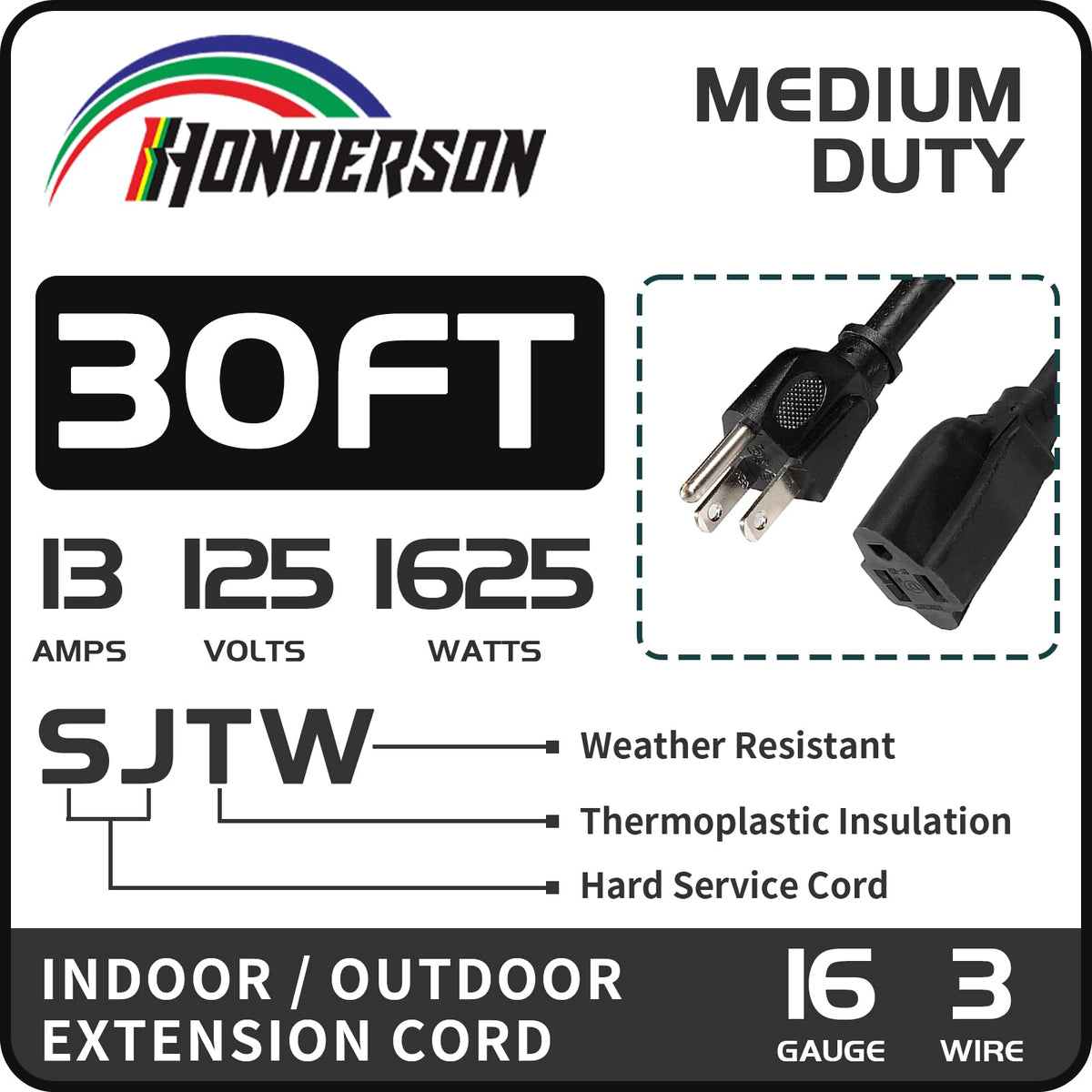 HONDERSON 3-prong grounded plug enhances safety for outdoor devices.