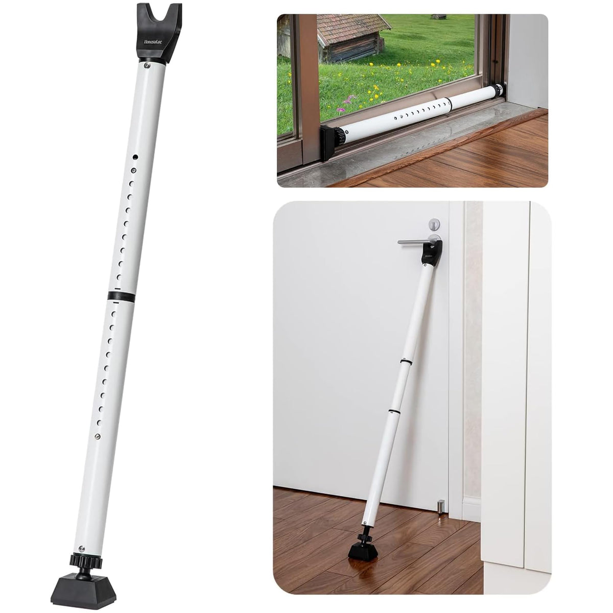 HonesaLoc 2-in-1 door security bar front view shows adjustable length for hinged doors.