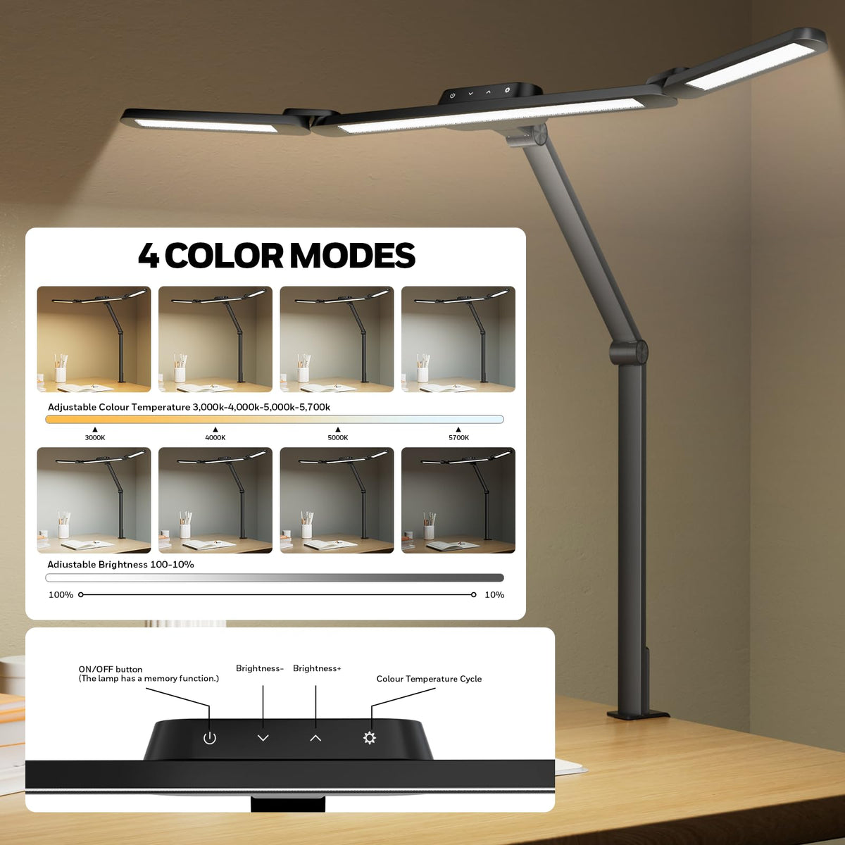 Honeywell adjustable light-bar sections offer flexible positioning on a large desk