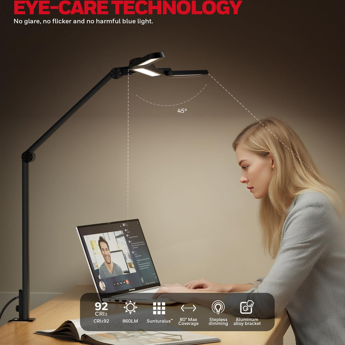 Honeywell architect light clamp showcases space-saving mounting on the edge of a desk