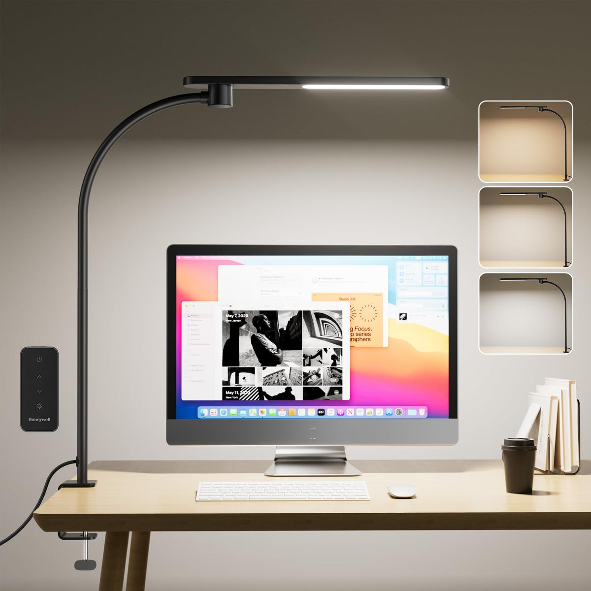 Honeywell HJ2 clamp base attachment for secure, space-saving desk mounting.