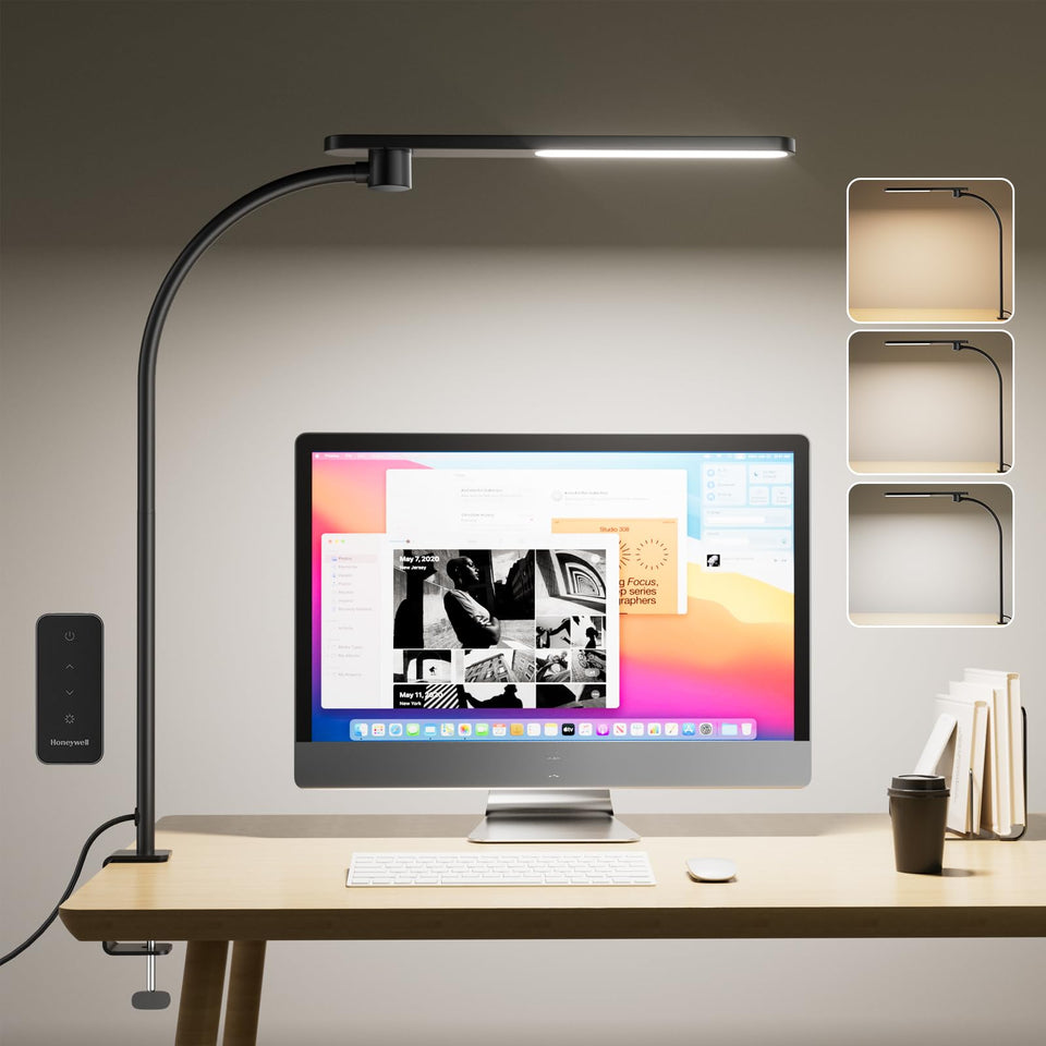 Honeywell HJ2 clamp base attachment for secure, space-saving desk mounting.