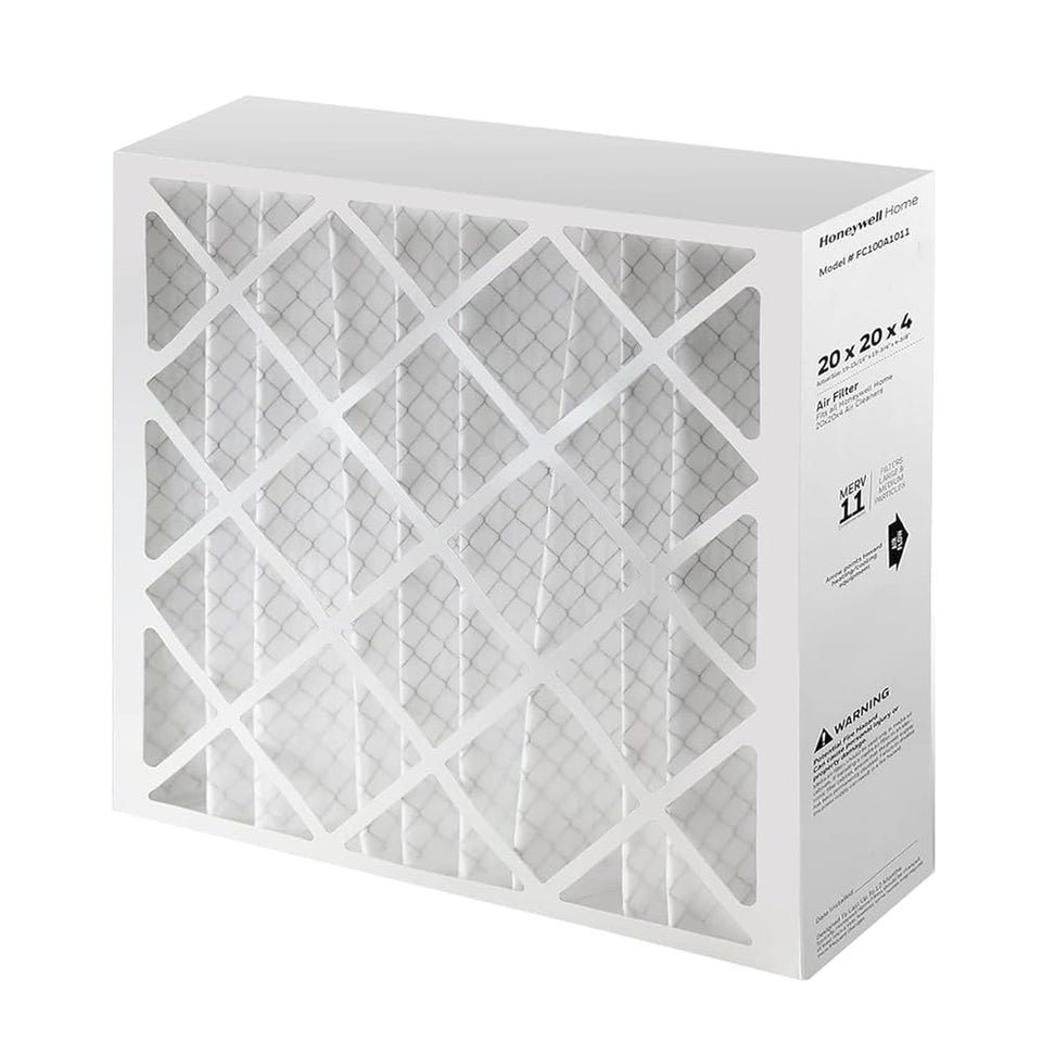 Honeywell Home FC100A1011 filter close-up showing dense media for capturing fine particles and extending filter life.