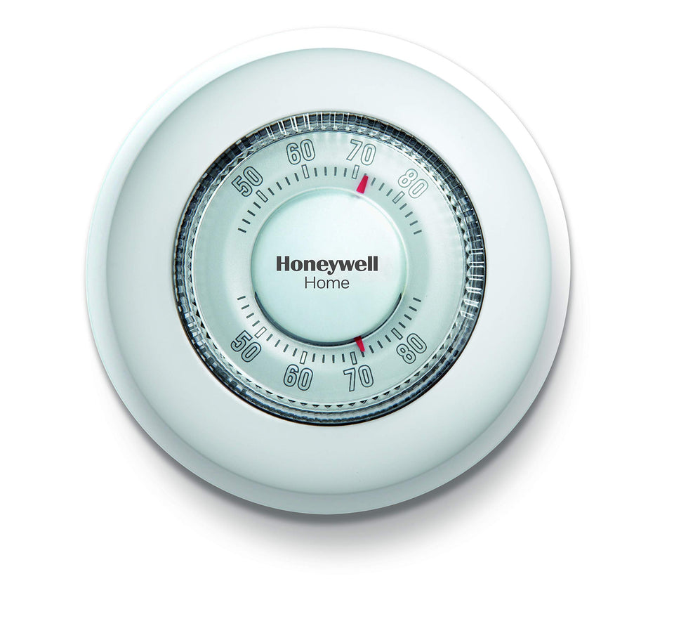 Honeywell Home Round thermostat dial shows precise plus/minus 1°F control.