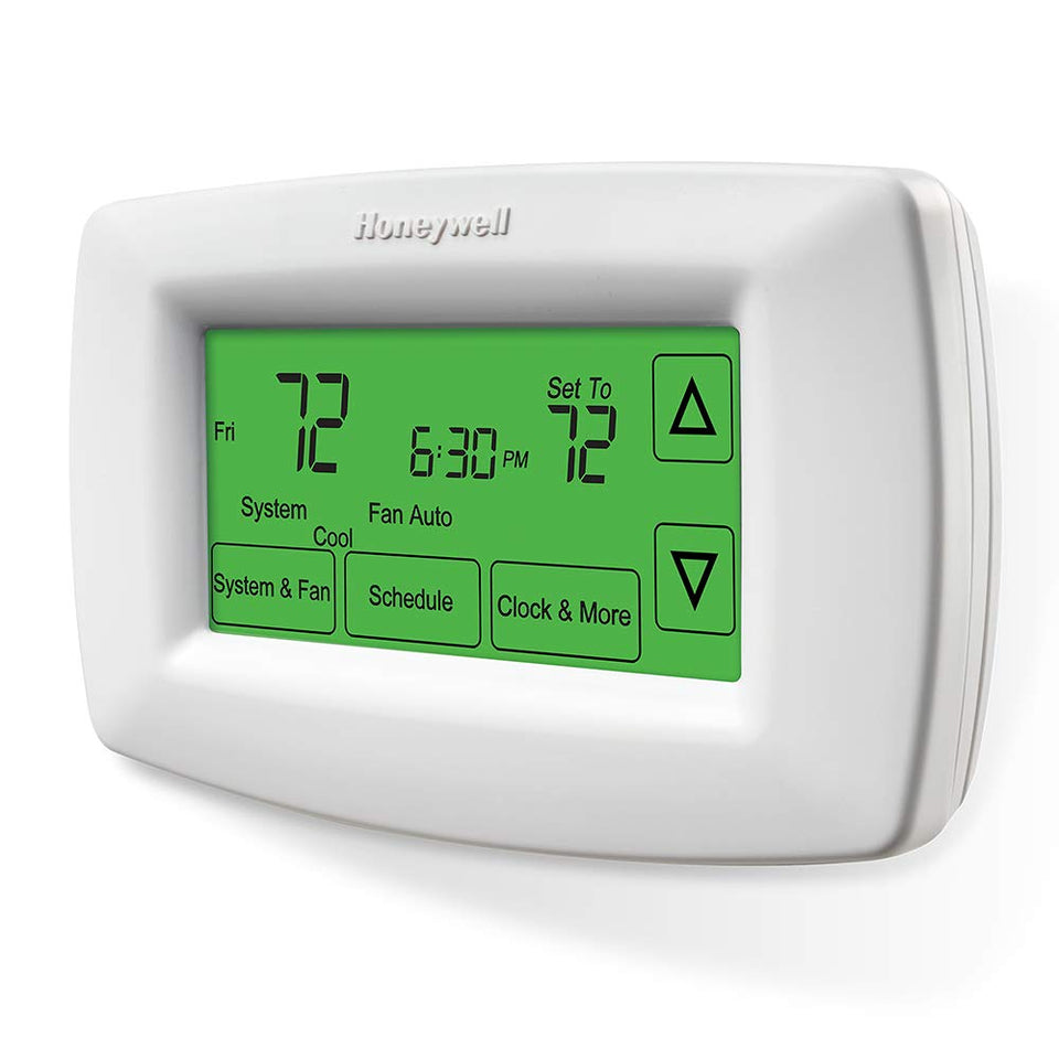 Honeywell Home RTH7600D thermostat front view with large touchscreen for easy programming.