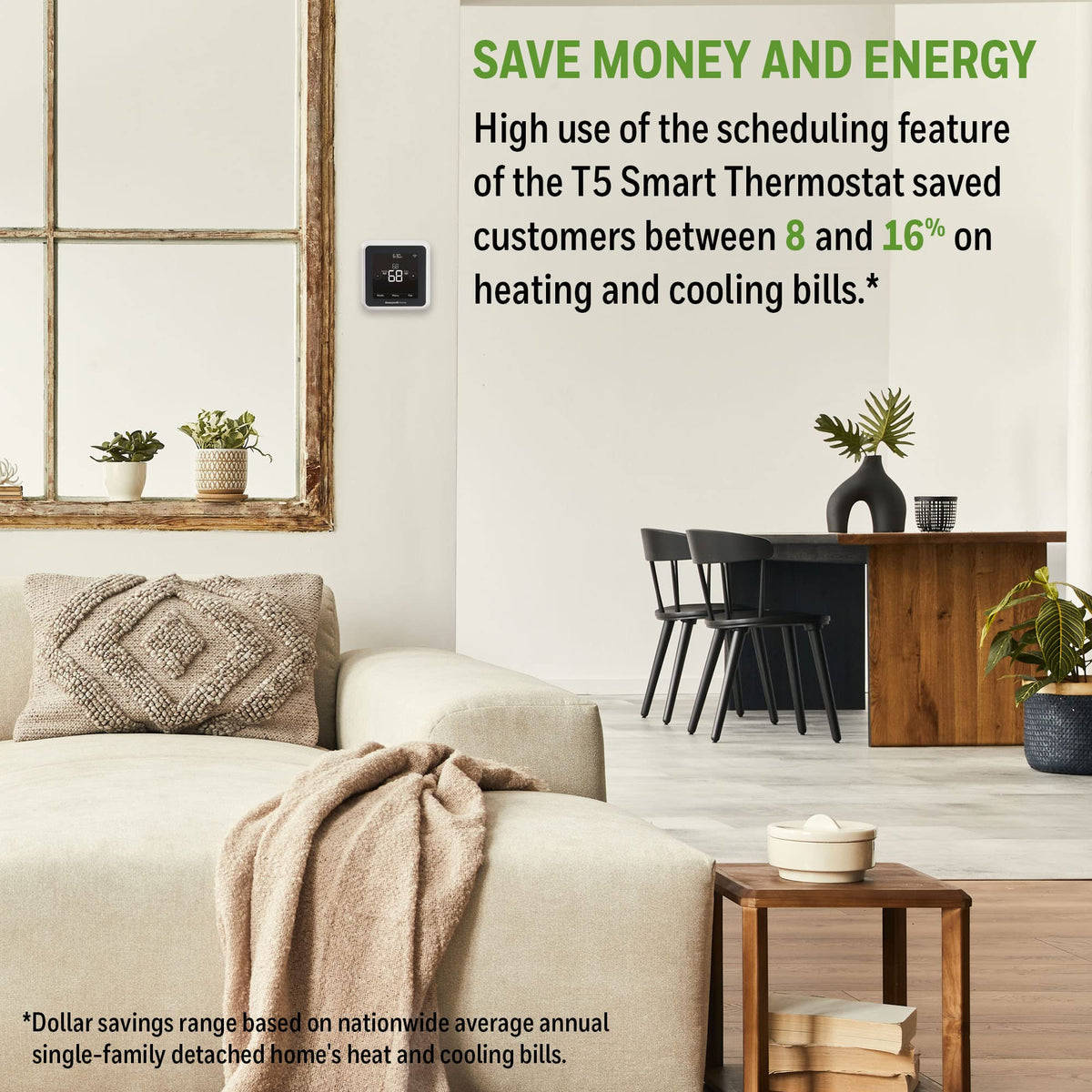 Honeywell Home T5 with control panel close-up showcasing sleek energy-saving interface.