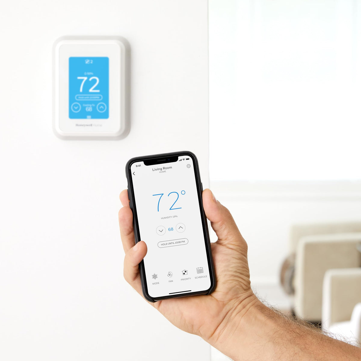 Setup view of Honeywell Home T9 wifi thermostat in a modern room