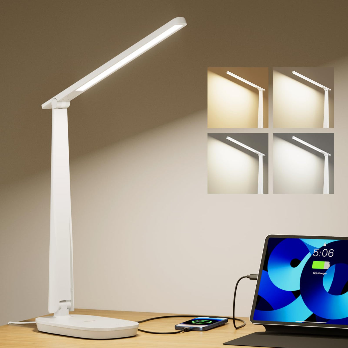 Honeywell LED desk lamp on desk provides clear, even lighting for focused work.