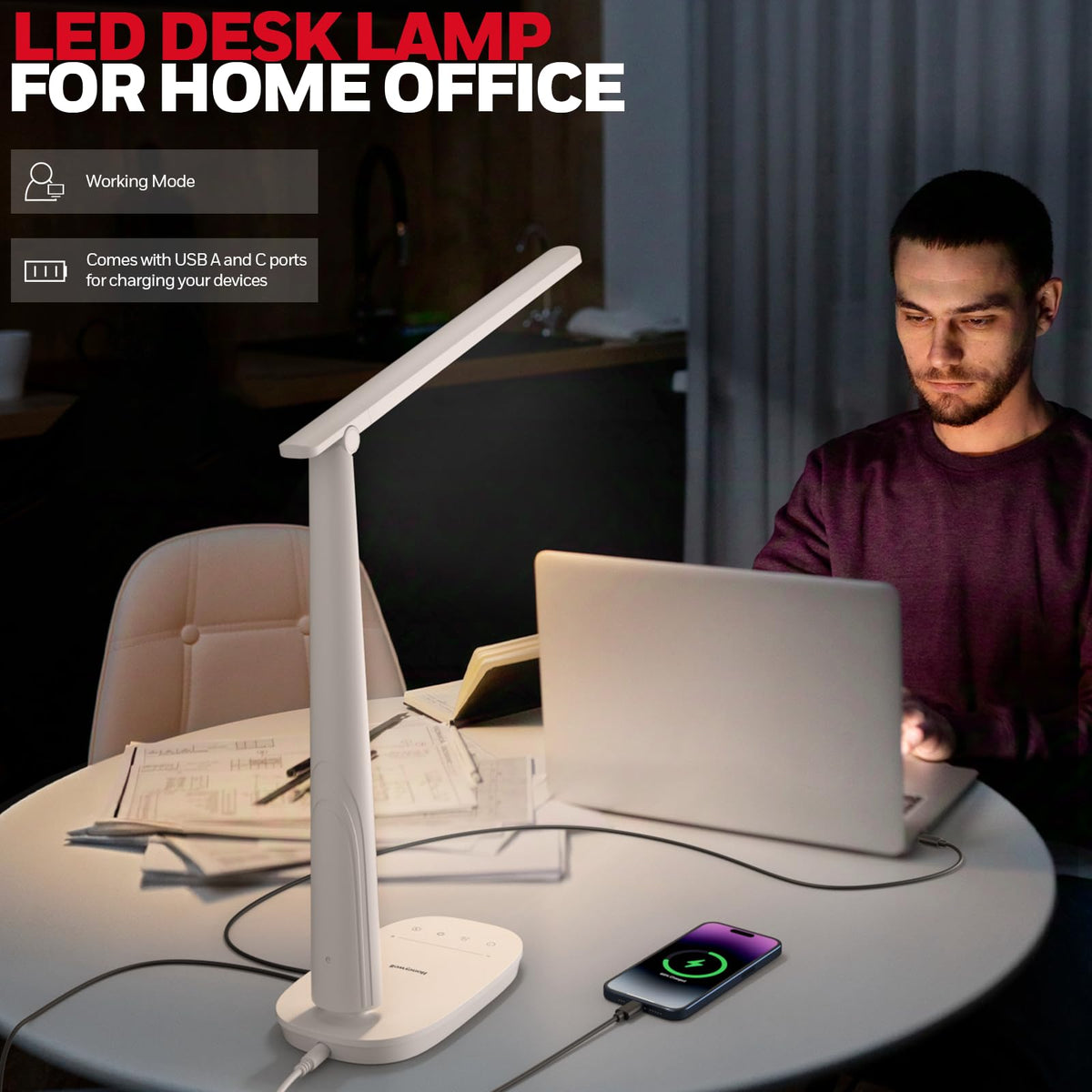 Honeywell LED desk lamp rotating head demonstrates flexible light direction for tasks.