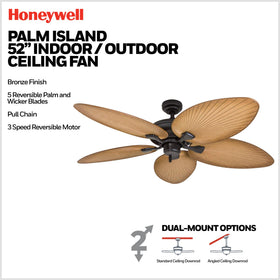 Honeywell Palm Island dual-mount option adapts to standard or vaulted ceilings.