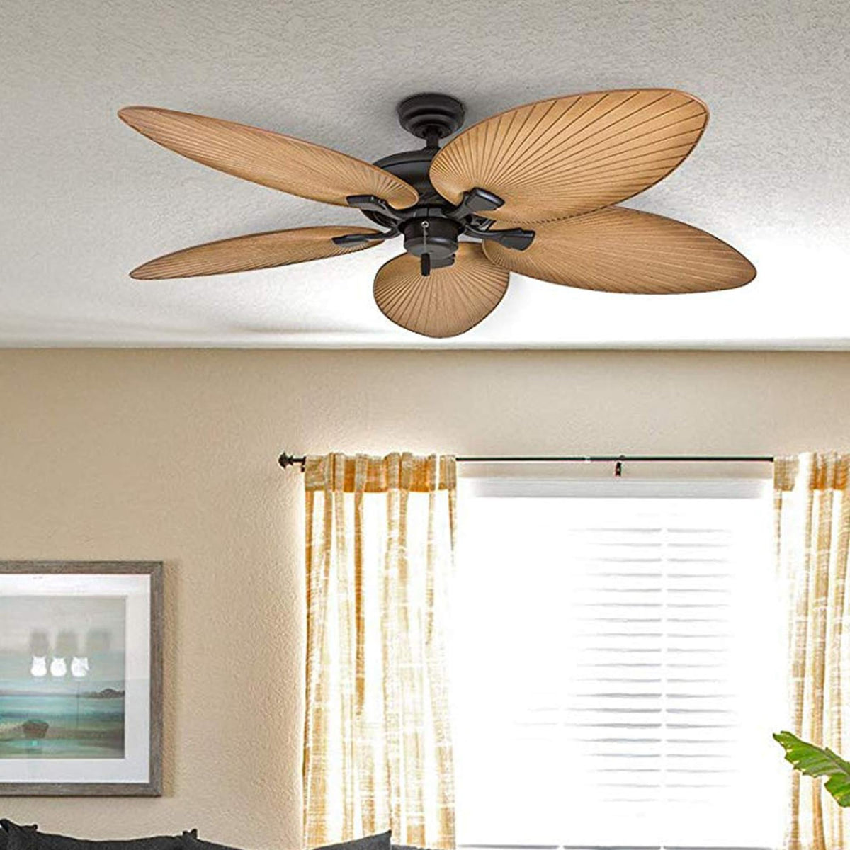 Honeywell Palm Island vaulted-ceiling option supports longer downrods for high ceilings.