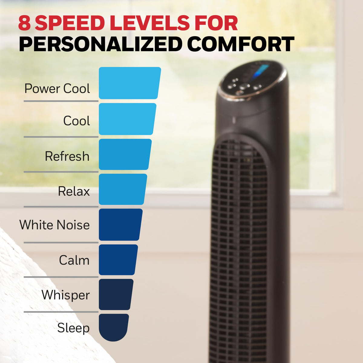 Eight-speed settings on Honeywell QuietSet tower fan for customizable comfort