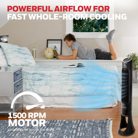 Oscillating Honeywell QuietSet tower fan distributes air across the room