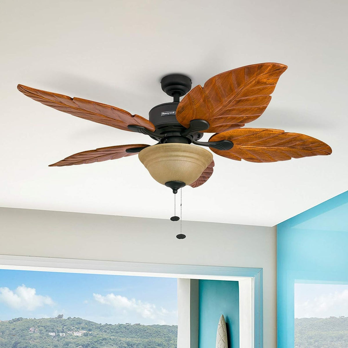 Honeywell Sabal Palm hand-carved basswood blades for tropical aesthetic and quiet airflow