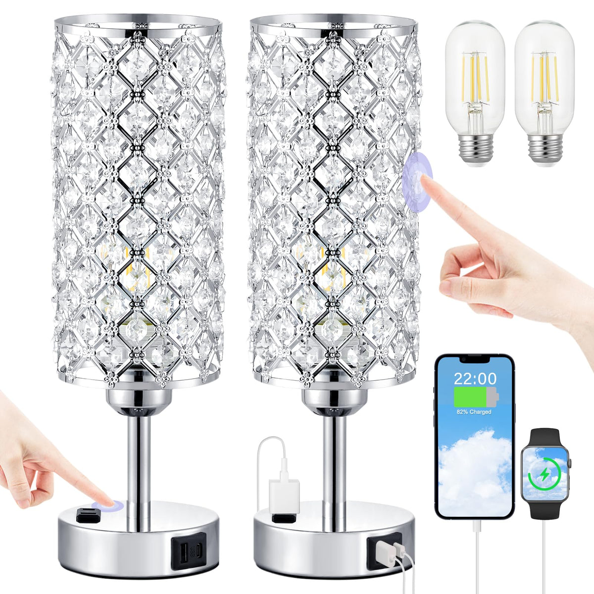 Hong-in Crystal Lamp 2-pack on nightstand with sparkling crystals.