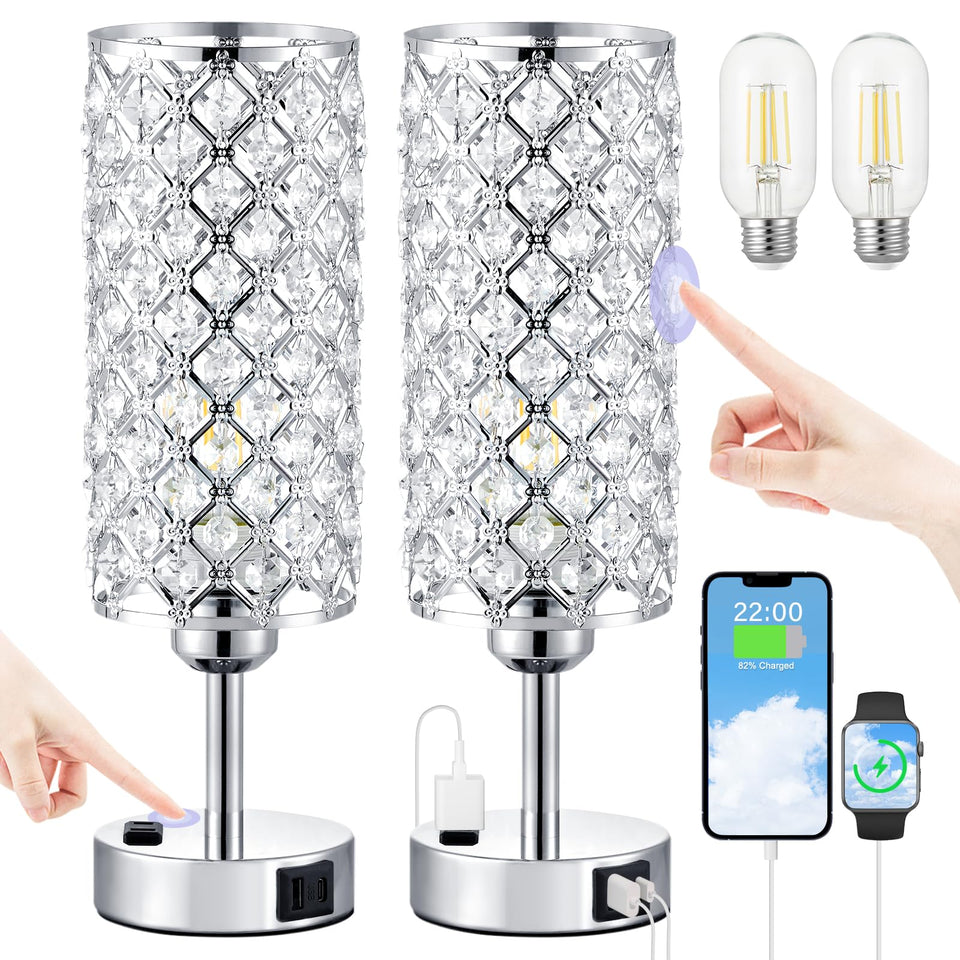 Hong-in Crystal Lamp 2-pack on nightstand with sparkling crystals.
