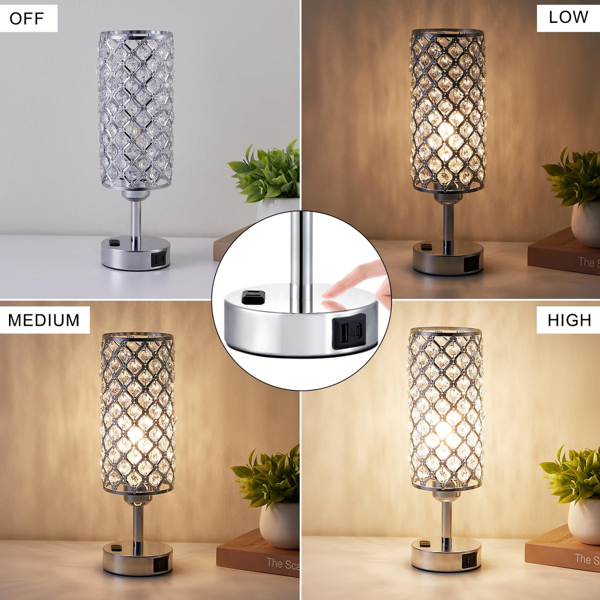 Hong-in crystal lamp touch control for easy brightness adjustment.
