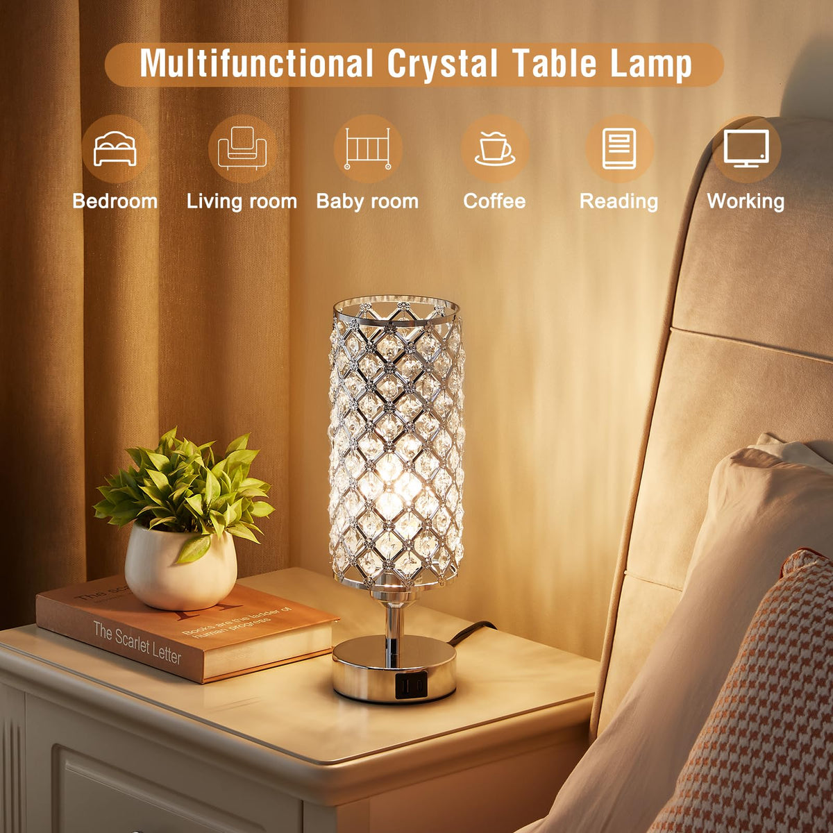 Hong-in bedside lamp emits warm glow for reading.