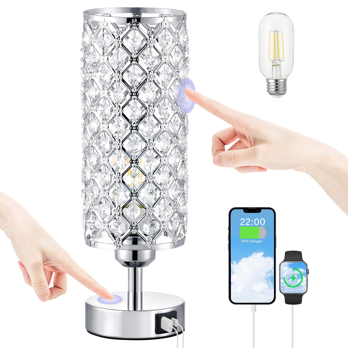 Hong-in crystal touch lamp with silver base, ideal bedside lighting.
