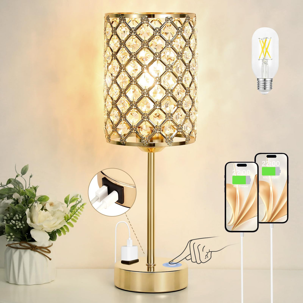 Hong-in Gold Lamps crystal table-lamp adds elegant bedside illumination.