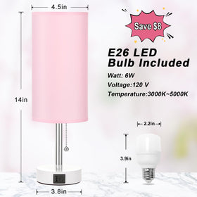 Hong-in pink lamp with soft shade and white base adds charm.