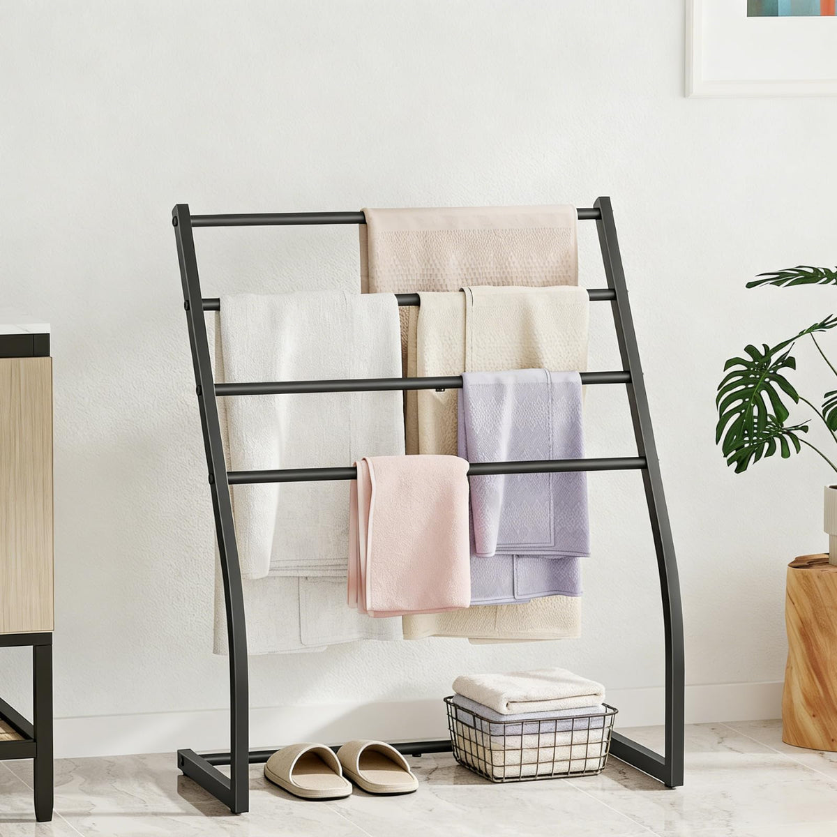 Honiter towel rack in bathroom setting as a freestanding solution.